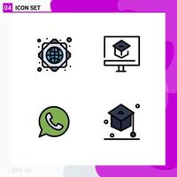 Stock Vector Icon Pack mit 4 Zeilenzeichen und Symbolen für globale Infrastruktur-Chat-Bildung Online-Watt-App editierbare Vektordesign-Elemente