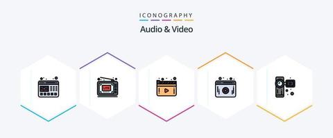 Audio- und Video-Icon-Pack mit 25 gefüllten Linien, einschließlich Video. Camcorder. Medien. Spieler. Video vektor