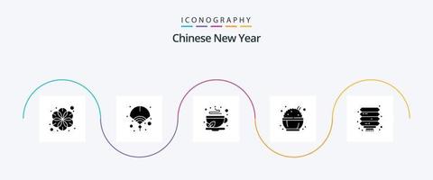 kinesisk ny år glyf 5 ikon packa Inklusive kinesiska. ris. kopp. mat. te vektor