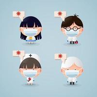 Ärzte und Krankenschwestern mit Comicfiguren, die medizinische Masken tragen vektor