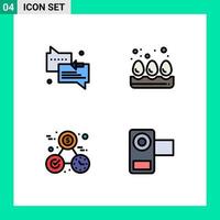 Set mit 4 kommerziellen Filledline-Flachfarben-Packs für Chat-Zeitpfeil-Eier-Kamera editierbare Vektordesign-Elemente vektor