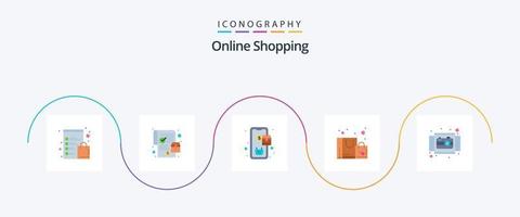 Online-Shopping Flat 5 Icon Pack inklusive Kreis. kaufen. Handy, Mobiltelefon. Einkaufen. Tasche vektor