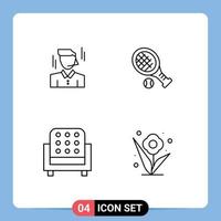 Stock Vector Icon Pack mit 4 Zeilen Zeichen und Symbolen für Geschäftsmann Interieur Mann Tennis Sofa editierbare Vektordesign-Elemente