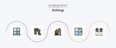 Gebäudelinie gefülltes flaches 5-Icon-Paket einschließlich Gebäuden. die Architektur. Anwesen. Kloster. Kirche vektor
