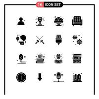 16 solides Glyphenpaket der Benutzeroberfläche mit modernen Zeichen und Symbolen von editierbaren Vektordesign-Elementen für Bulb Mind Food Marketing Seat vektor