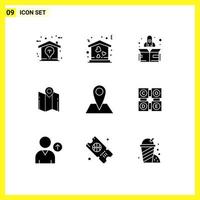 Packung mit 9 kreativen soliden Glyphen von Positionszeiger-Raketen-Navigationsrichtung editierbare Vektordesign-Elemente vektor