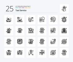 Taxi-Service 25-Zeilen-Icon-Pack inklusive Zeit. überleben. Autoversicherung. Forderung. Dialog vektor