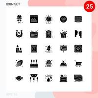 Gruppe von 25 soliden Glyphenzeichen und Symbolen für bearbeitbare Vektordesign-Elemente für Multimedia-Filmrollen-Benutzerkino-Globus vektor
