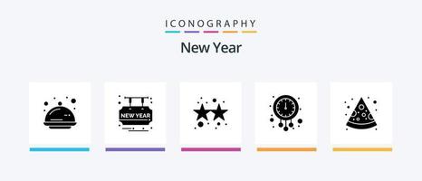ny år glyf 5 ikon packa Inklusive Kolla på. ny år. fest tid. midnatt. stjärnor. kreativ ikoner design vektor