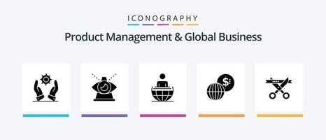 produkt managment och global företag glyf 5 ikon packa Inklusive företag. marknader. försyn. global. modern. kreativ ikoner design vektor