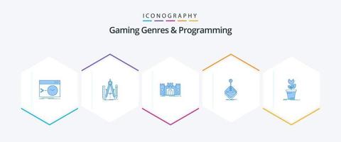 Gaming-Genres und Programmierung 25 blaue Icon-Packs inklusive Gaming. Arkade. Mathematik. Wahrzeichen. Fort vektor