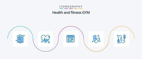 Gym Blue 5 Icon Pack inklusive Springseil. Übung. Kalander. Pillen. Gesundheit vektor