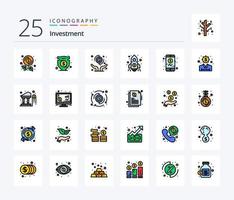 Investition 25 Zeilen gefülltes Icon Pack inklusive Investition. Rakete. Dollar. Geld. Finanzen vektor