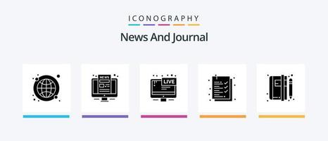 News Glyph 5 Icon Pack inklusive Buch. Liste. Fernseher. Zwischenablage. Nachricht. kreatives Symboldesign vektor