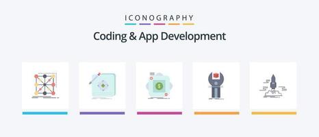 Codierung und App-Entwicklung Flat 5 Icon Pack inklusive Entwicklung. SDK. Anwendung. Handy, Mobiltelefon. App. kreatives Symboldesign vektor