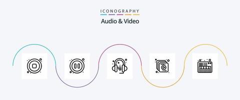 Audio- und Video-Line-5-Icon-Pack einschließlich . Klavier. Kopfhörer. Musik. Multimedia vektor