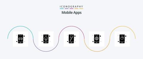 Mobile Apps Glyph 5 Icon Pack inklusive App. Handy, Mobiltelefon. Gesundheit. Globus. weltweit vektor