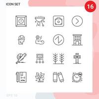 grupp av 16 konturer tecken och symboler för skicklighet multimedia bagage media spelare Nästa redigerbar vektor design element
