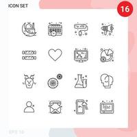 Gliederungssatz für mobile Schnittstellen mit 16 Piktogrammen von bearbeitbaren Vektordesignelementen für Süßigkeiten-Lautsprecherpinsel-Tonbildung vektor