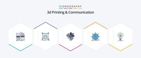 3D-Druck und Kommunikation 25 gefüllte Symbolpakete, einschließlich international. Geschäft. Objekt. Telekommunikation. Kommunikation vektor