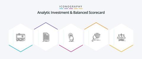 analytisk investering och balanserad score-kort 25 linje ikon packa Inklusive förstoringsglas. global. faktura. Start. hand vektor