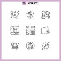 Stock Vector Icon Pack mit 9 Zeilenzeichen und Symbolen für Essen, Getränke, Datum, Kochen, romantische, editierbare Vektordesign-Elemente