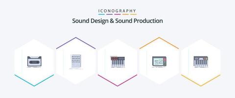 Sounddesign und Soundproduktion 25 Flat Icon Pack inklusive Mixer. Konsole. Rührgerät. Synthesizer. Midi- vektor