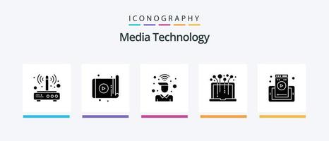 media teknologi glyf 5 ikon packa Inklusive media. hårdvara. enhet. wifi. signal. kreativ ikoner design vektor