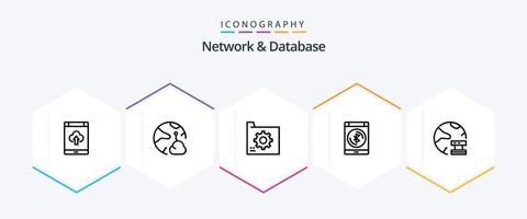 Netzwerk- und Datenbank-Icon-Pack mit 25 Zeilen, einschließlich Daten. Bluetooth. Vernetzung. Datei. Datenbank vektor