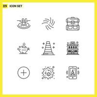 Umrisspaket mit 9 universellen Symbolen für Einsparungen, Schweinchen, Reisewirtschaft, Wandern, editierbare Vektordesign-Elemente vektor