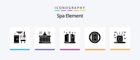 spa element glyf 5 ikon packa Inklusive rökelse. skydda. fjädrar. spel. dekorativ. kreativ ikoner design vektor