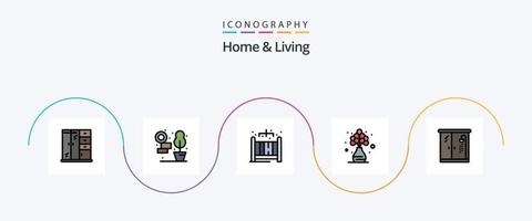 Hem och levande linje fylld platt 5 ikon packa Inklusive . badrum. bebis spjälsäng. levande. blomma vektor