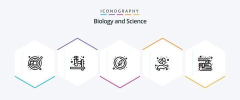 Biologie 25 Zeilen Icon Pack inklusive Wissen. Inhalt. Forschung. Buch. Kraut vektor
