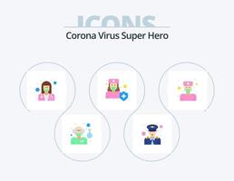 Corona-Virus Superheld Flat Icon Pack 5 Icon Design. Schutz. medizinisch. weiblich. Krankenhaus. Arzt vektor