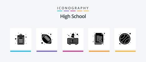 High School Glyph 5 Icon Pack inklusive Sport. suchen. weiterführende Schule. Forschung. dokumentieren. kreatives Symboldesign vektor