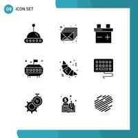 9 solides Glyphenkonzept für mobile Websites und Apps Timer Tastatur Auto Lebensmittel Croissant editierbare Vektordesign-Elemente vektor