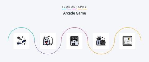 Arcade-Linie gefülltes flaches 5-Icon-Pack mit Spielen. spielen. Arkanoide. Spiel. Bowling-Kiefer vektor