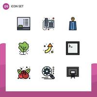 9 universelle Filledline-Flachfarben für Web- und mobile Anwendungen Set nach oben Pfeil Straße Frühling Apfelbaum editierbare Vektordesign-Elemente vektor