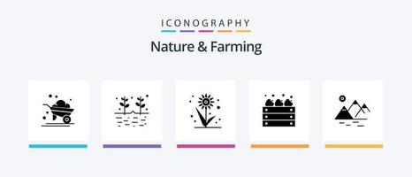 natur och jordbruk glyf 5 ikon packa Inklusive berg. jordbruk. jordbruk. odla. lantbruk. kreativ ikoner design vektor