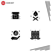 Stock Vector Icon Pack mit 4 Zeilenzeichen und Symbolen für die Produktfreigabe Hand Produkt Lagerfeuer Geld in der Hand editierbare Vektordesign-Elemente