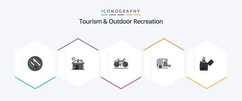 turism och utomhus- rekreation 25 fylld linje ikon packa Inklusive lättare. resa. cykel. läger. husvagn vektor