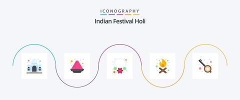 Holi Flat 5 Icon Pack inklusive Party. Musik. Blume. Indien. Feuer vektor