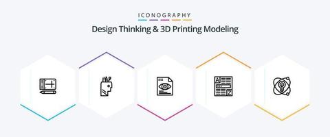 Design Thinking und D Printing Modeling 25-Zeilen-Icon-Pack inklusive Bildung. Internet. Datei . Code. Browser vektor