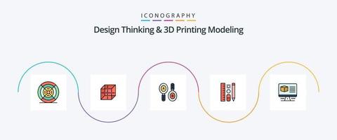 Design Thinking und D Printing Modeling Line gefüllt Flat 5 Icon Pack inklusive Box. Ausbildung. Forschung. Skala. Stift vektor