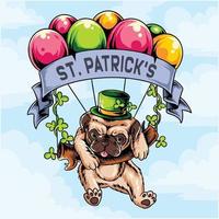 st. patrick's day mops hund fliegt mit ballonstrauß vektor