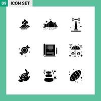 Packung mit 9 modernen Solid-Glyphen-Zeichen und Symbolen für Web-Printmedien wie bearbeitbare Vektordesign-Elemente von Doctor Candy Mountain Bonbon Router vektor