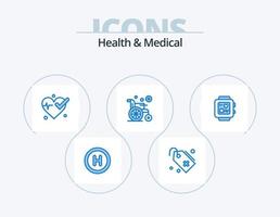 Gesundheit und Medizin blau Icon Pack 5 Icon Design. . Herzschlag. Herz. Einzeigeruhr. Rollstuhl vektor