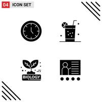 Bearbeitbares Vektorlinienpaket mit 4 einfachen soliden Glyphen der Uhr, Biologie, Zeit, Saft, Natur, bearbeitbare Vektordesign-Elemente vektor