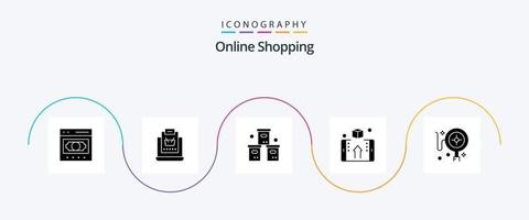 Online-Shopping Glyph 5 Icon Pack inklusive Geld. Kasten. Geschäft. Produkt. Pack vektor