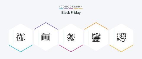 Black Friday 25 Line Icon Pack inklusive Trolley. Lebensmittel. Code. voll. Schild vektor